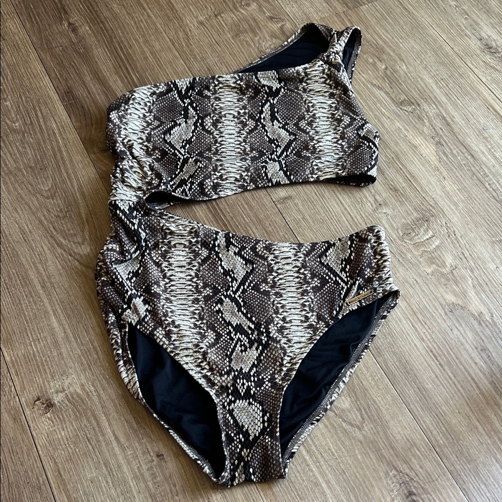 Vince Camuto One-Shoulder Snake Print Bikini Set - Brown & Black